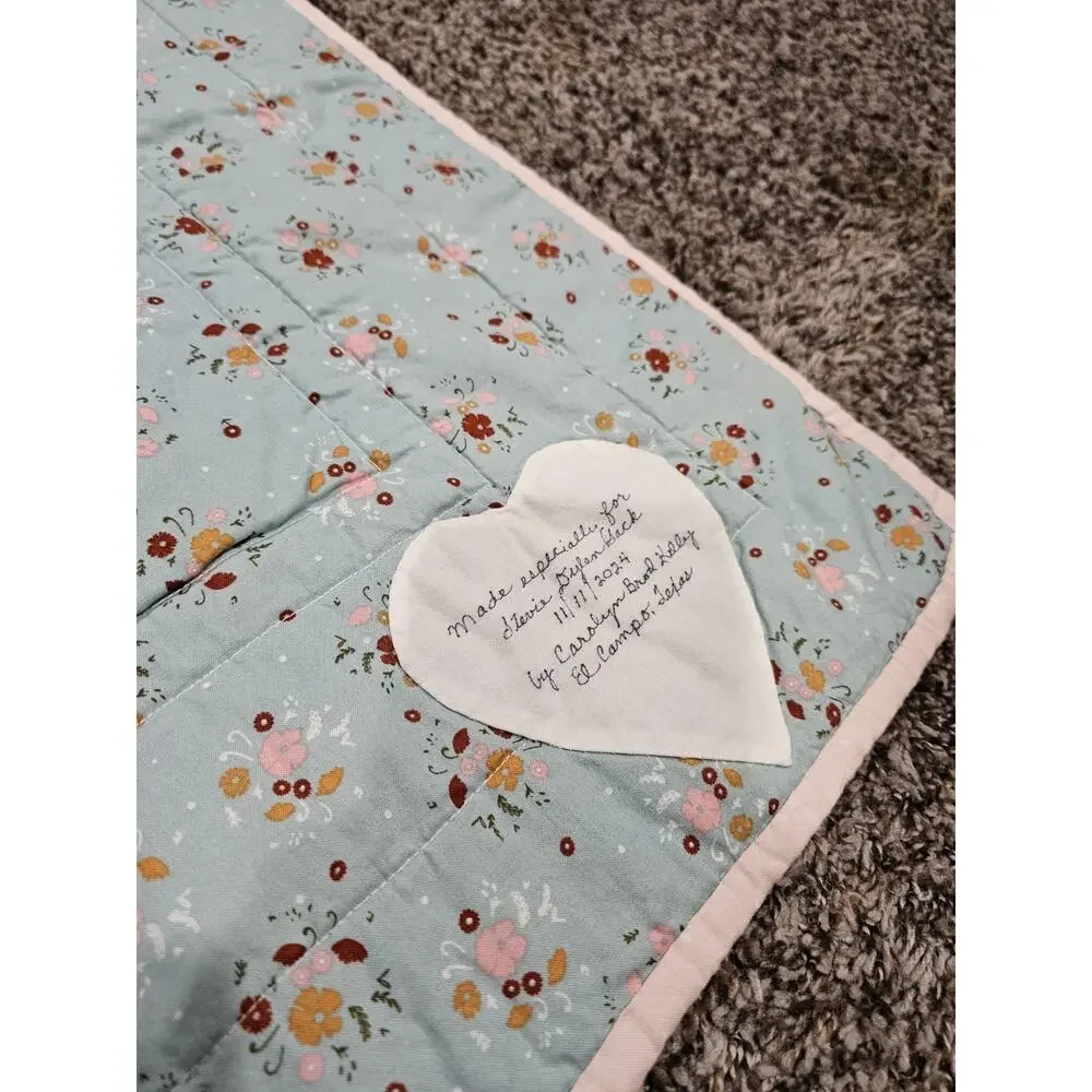 Handmade Baby Crib Quilt Patchwork Heart Print Pastel Colors Cottagecore